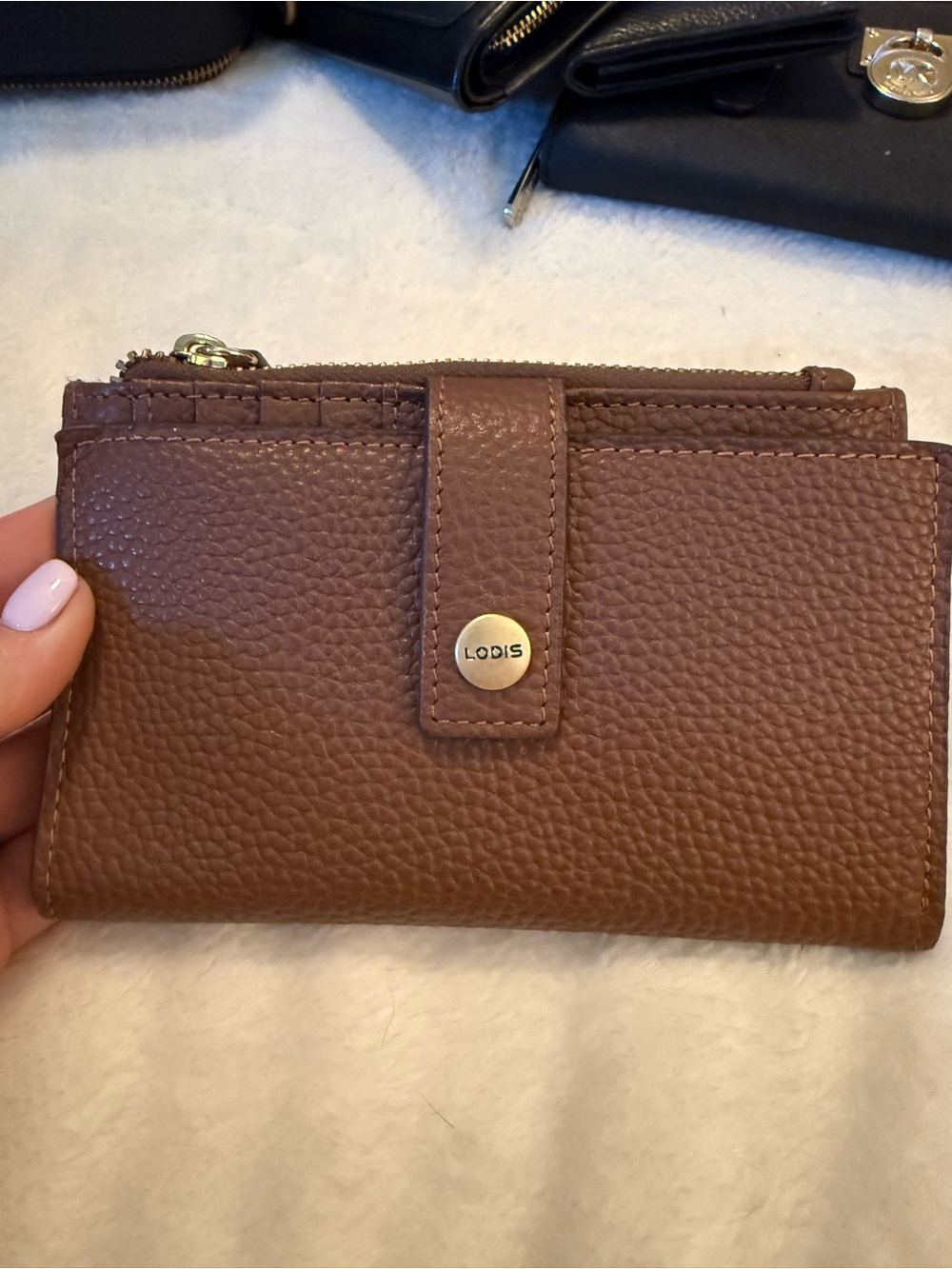 Lodis Pebbled Leather Tri-Fold Wallet in Brown